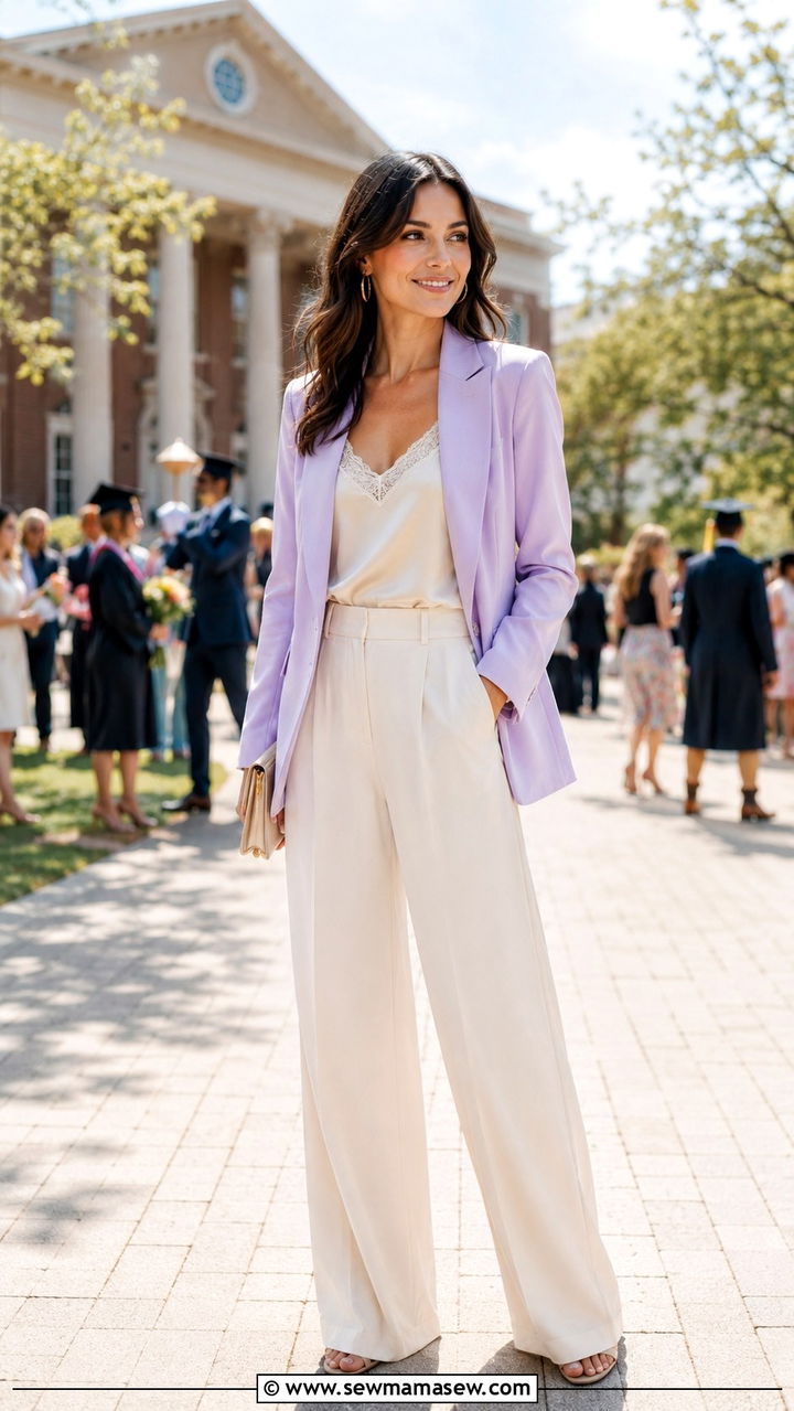 Pastel blazer with wide leg trousers and a silk camisole - 30 Graduation outfit ideas for guests 2026