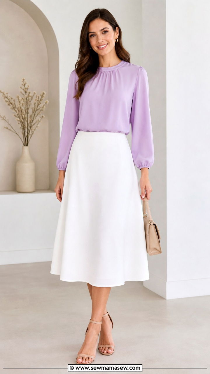 Pastel blouse with white midi skirt outfit - 40 office outfits