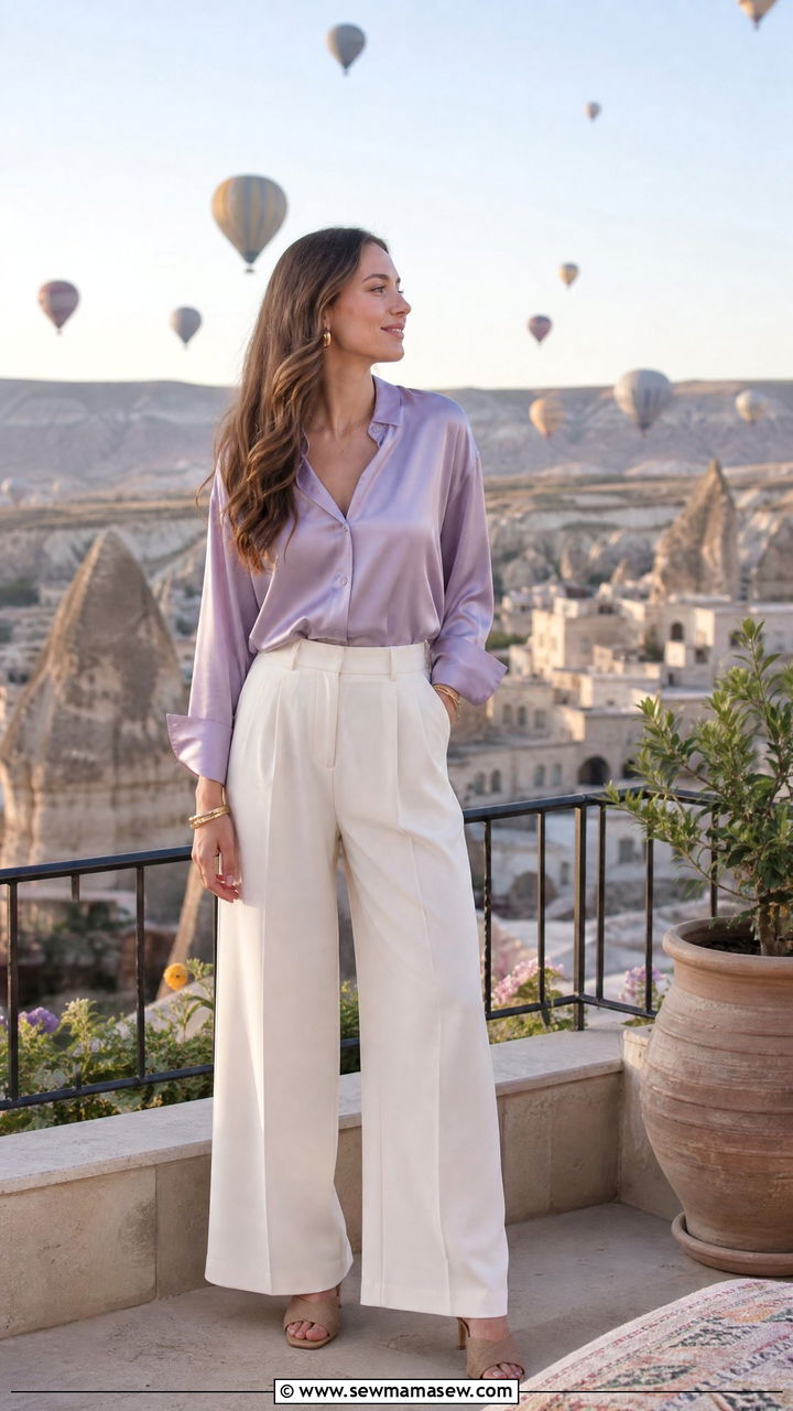 Pastel blouse with wide leg trousers Cappadocia - 25 Cappadocia outfit ideas