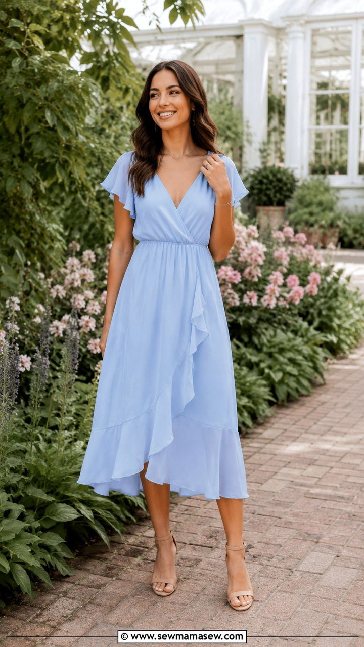 Pastel blue dress garden engagement outfit - 30 Save the date photo outfit ideas