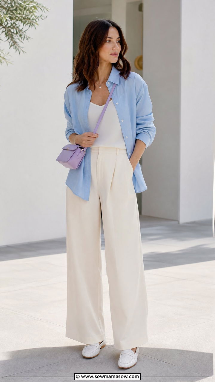 Pastel blue outfit with lavender mini bag - 20 spring outfits with color pop bag