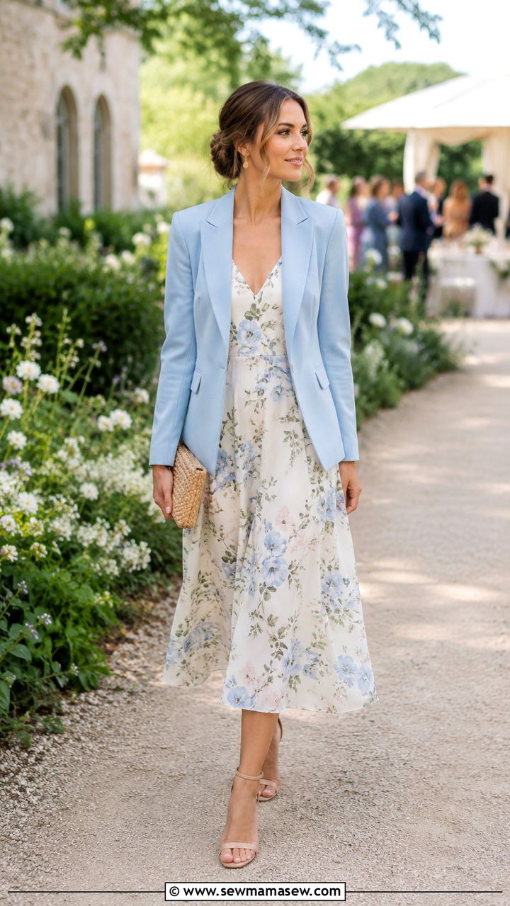 Pastel blue tailored blazer with floral midi dress - 20 Tailored blazer outfit ideas for a wedding