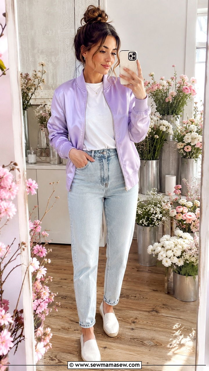 Pastel bomber jacket with mom jeans - 30 Bomber jacket outfit ideas with jeans