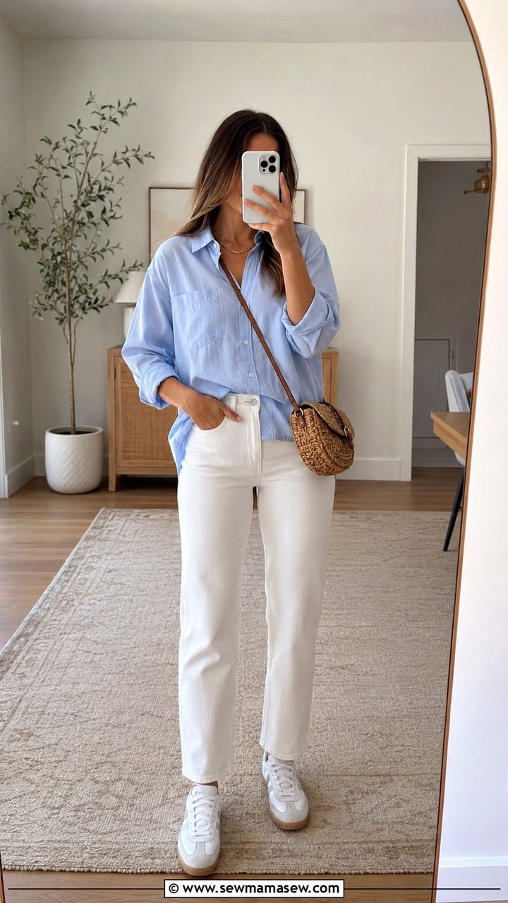 Pastel button down and white jeans outfit - 30 spring to summer outfits aesthetic
