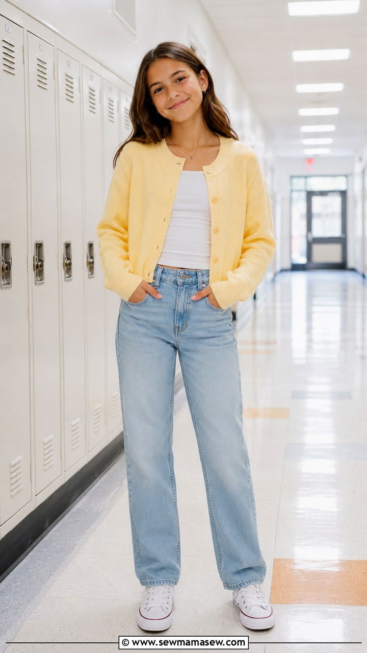 Pastel cardigan with high waist jeans and sneakers - 30 Spring outfits for tweens