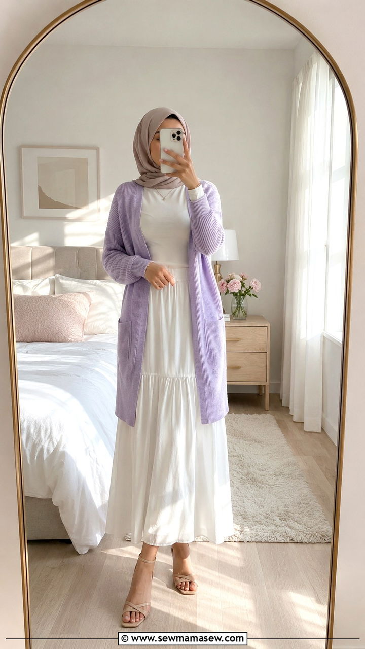 Pastel cardigan with white maxi skirt - 30 Modest outfit ideas with cardigan