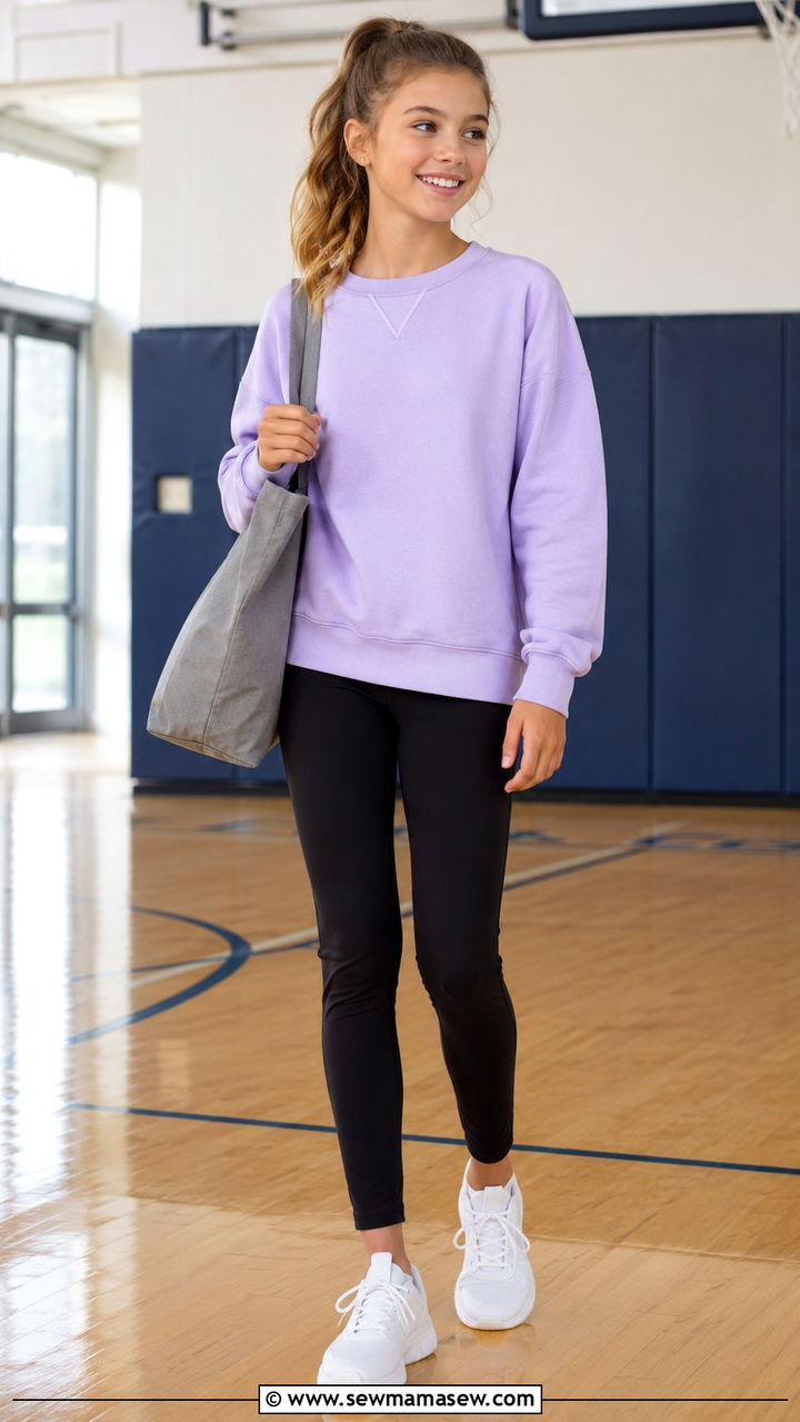 Pastel crewneck sweatshirt with leggings and running sneakers - 30 Spring outfits for tweens