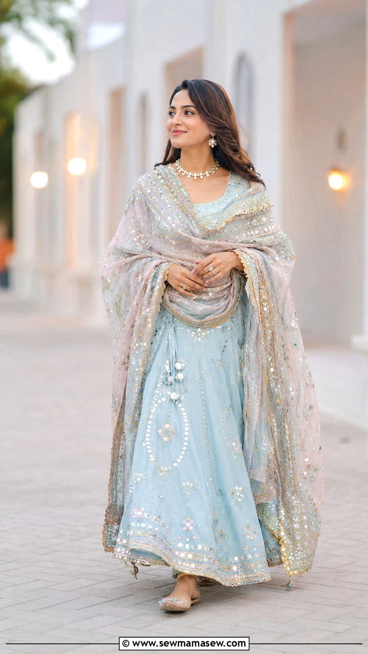 Pastel ghagra with heavy dupatta - 30 Navratri outfit ideas