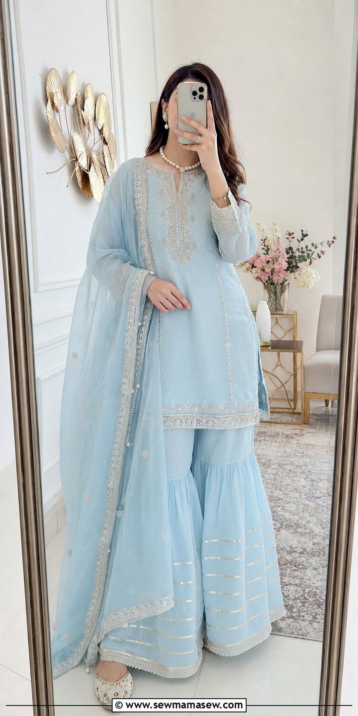 Pastel gharara with embroidered short kurta - 25 Eid al Adha outfit ideas 2026