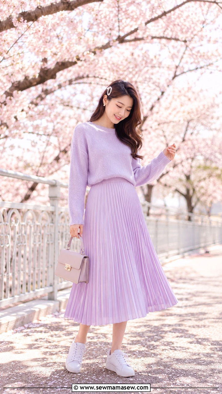 Pastel knit sweater and pleated midi skirt set - 30 Top and skirt matching set outfit ideas