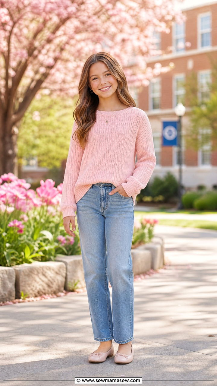 Pastel knit sweater with straight leg jeans - 30 Middle school picture day outfit ideas