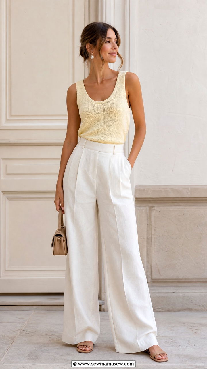 Pastel knit top and tailored linen trousers city break outfit - 30 summer city break outfit ideas