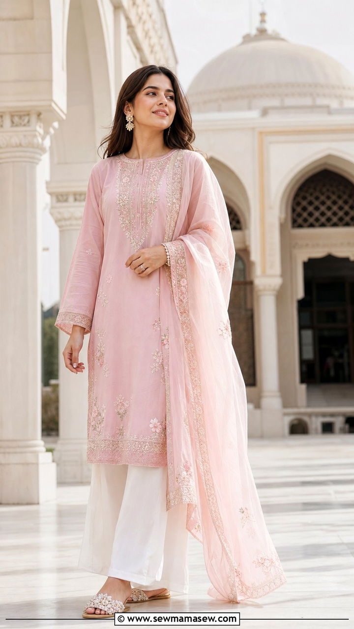 Pastel kurta with palazzo pants and dupatta - 25 Eid al Adha outfit ideas 2026