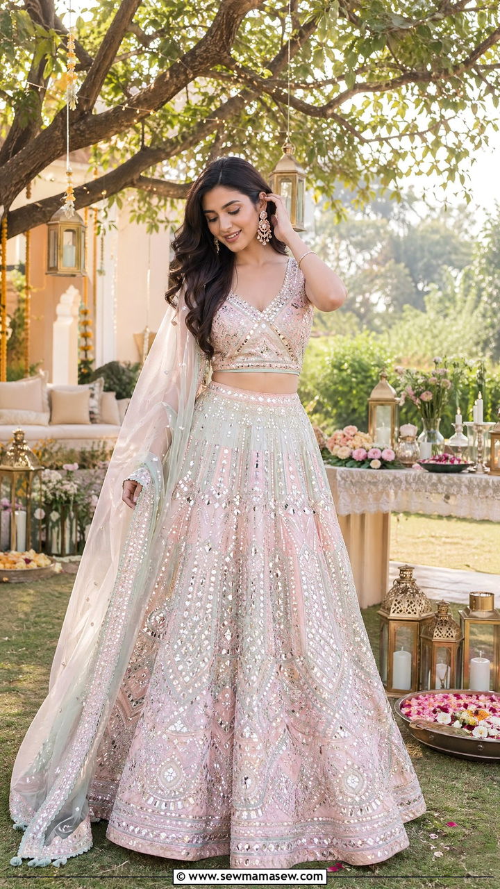 Pastel lehenga with pearl and mirror work - 35 Diwali party outfit ideas