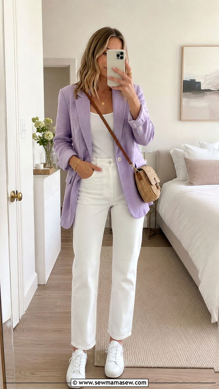 Pastel linen blazer with white denim and sneakers - 30 Linen blazer outfit ideas with sneakers