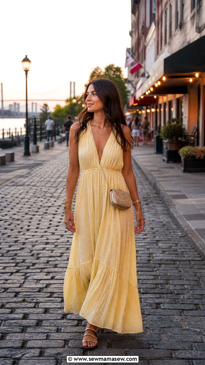 Pastel maxi dress with strappy sandals Savannah look - 40 What to wear in Savannah