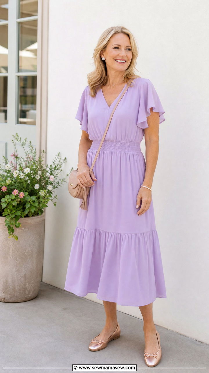 Pastel midi dress with metallic flats - 30 midi dress outfits for women over 40