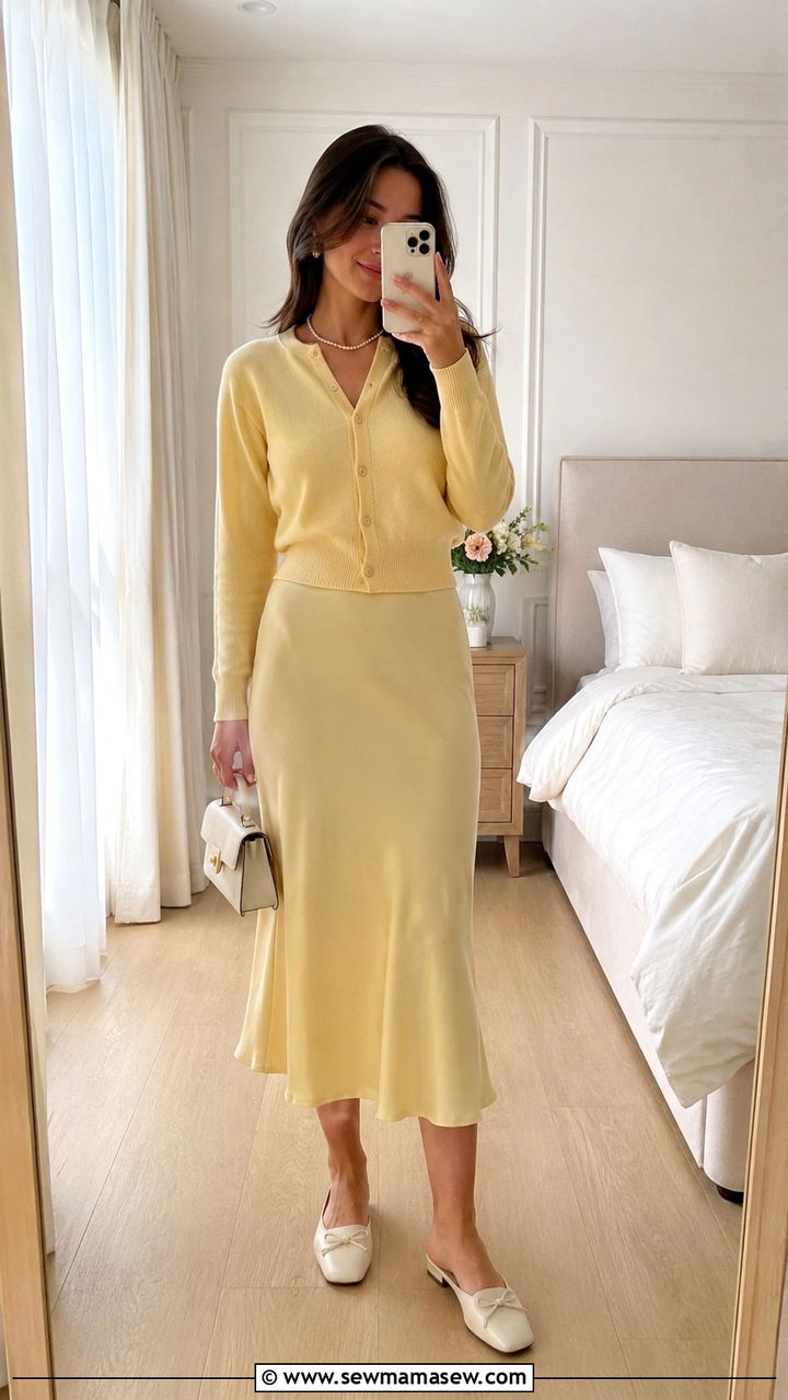 Pastel midi skirt and lightweight cardigan with mules - 30 How to style a midi skirt in spring