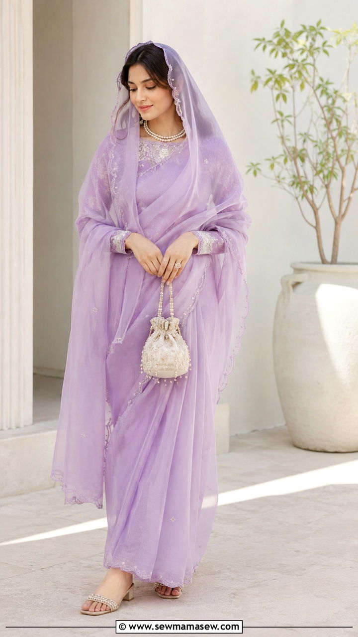 Pastel organza saree with full sleeve blouse - 30 Modest outfit ideas for Eid