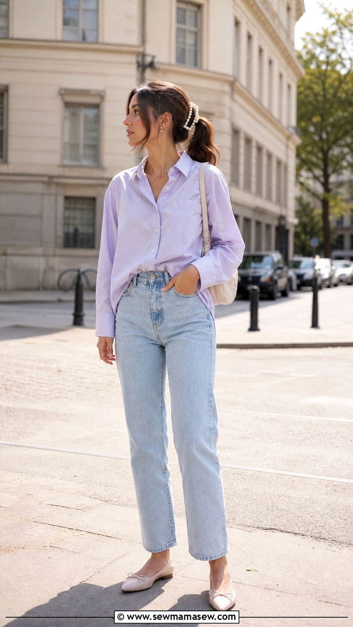 Pastel oversized button down with light wash mom jeans and ballet flats - 40 Oversized button down outfit ideas