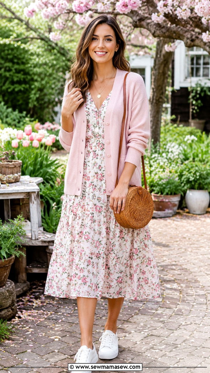 Pastel pink cardigan over a floral midi dress - 30 Spring outfits with light sweaters