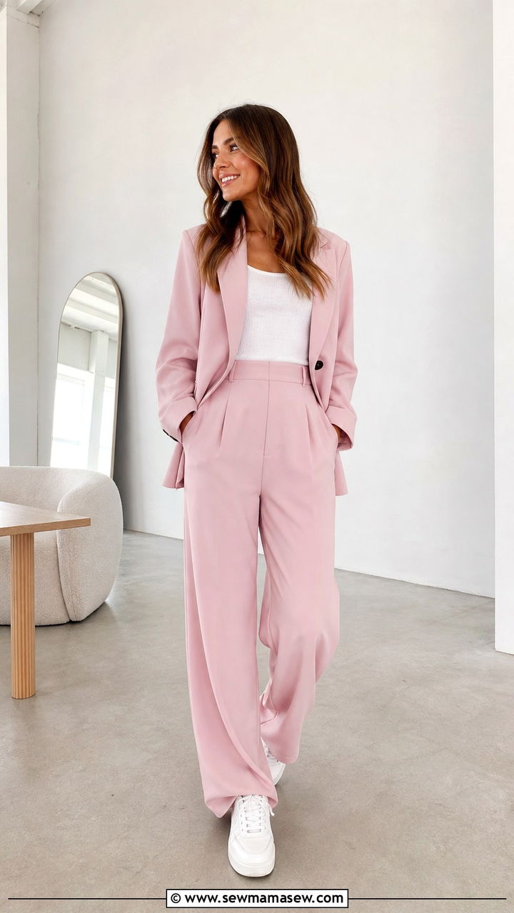 Pastel pink co ord set with white sneakers and minimal jewelry outfit - 40 New job outfit ideas