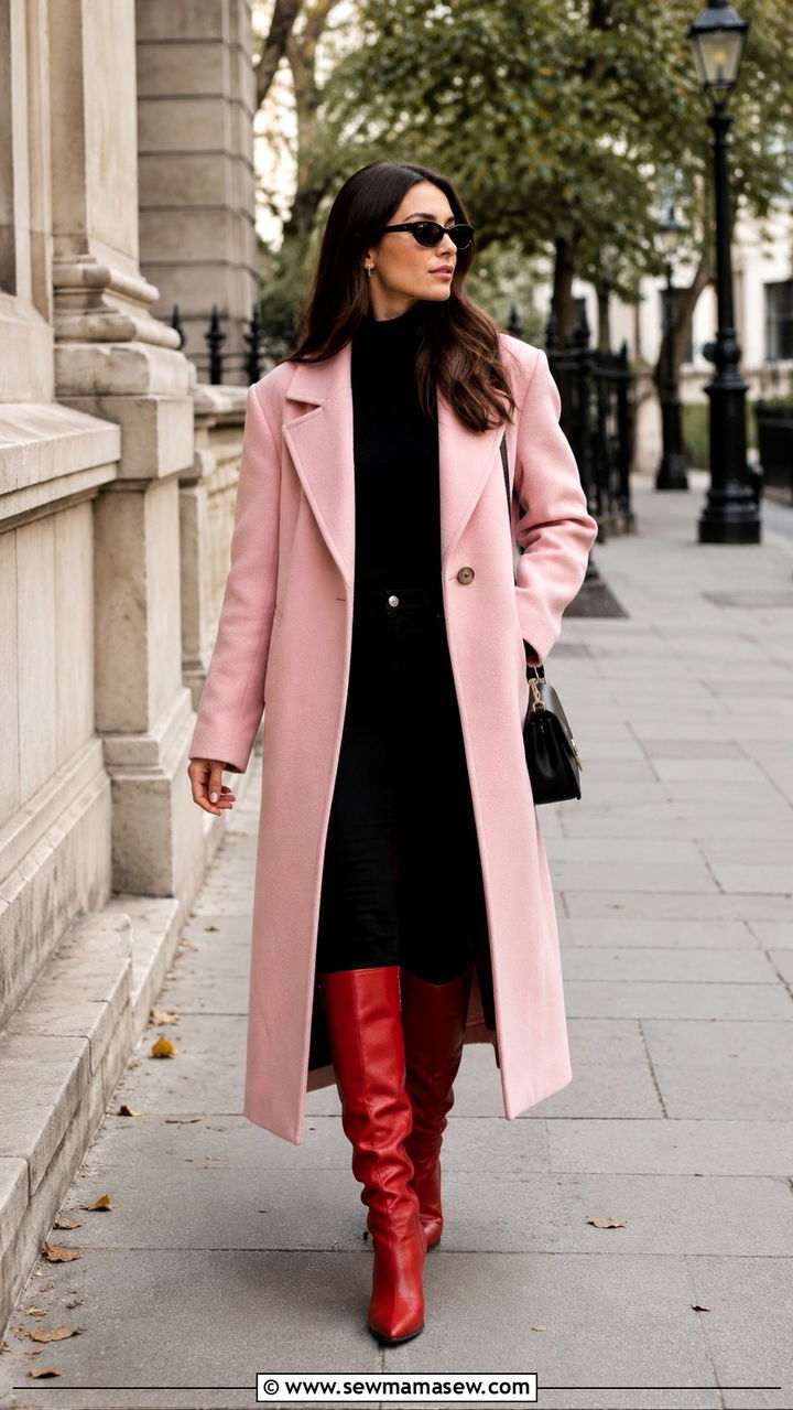 Pastel pink coat and red boots - 25 Red and pink outfit ideas