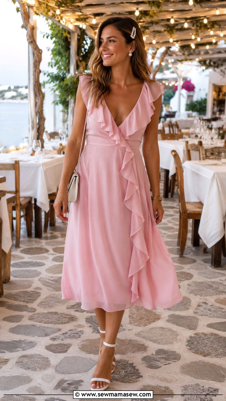 Pastel pink midi dress with white heeled sandals for Greek wedding - 20 Wedding guest outfit ideas Greek wedding