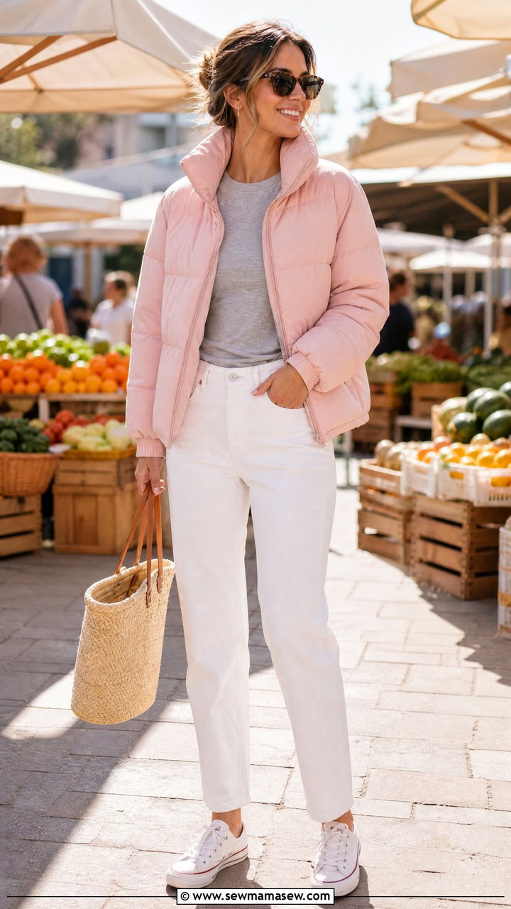 Pastel pink puffer jacket with white jeans and canvas sneakers - 25 Spring outfits with puffer jacket