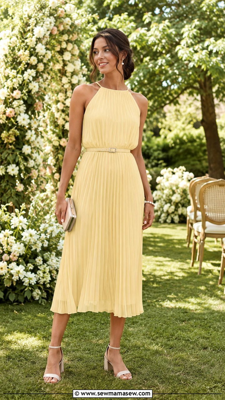 Pastel pleated midi dress summer wedding - 25 seasonal summer wedding guest outfit ideas