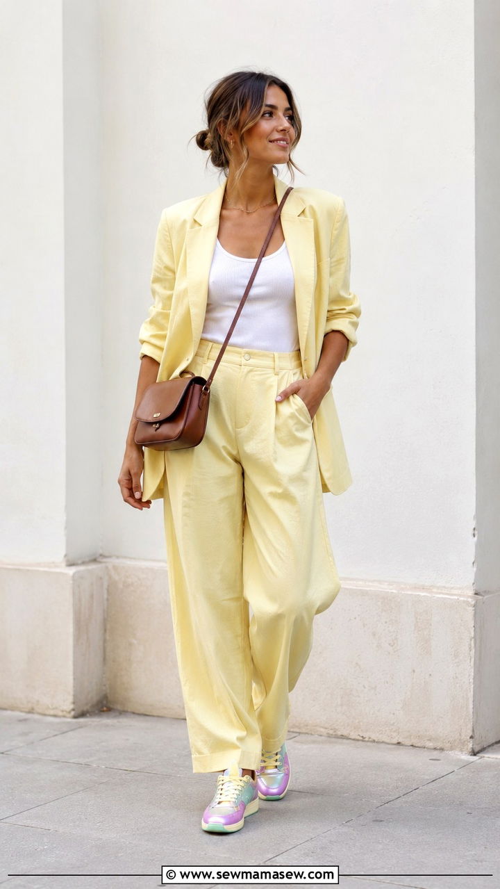 Pastel relaxed suit with white sneakers - 20 Summer wardrobe essentials 2026