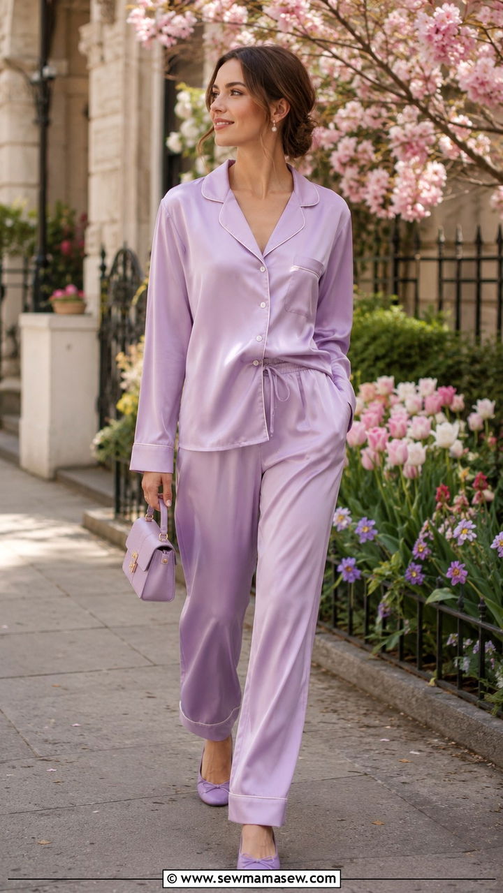 Pastel satin pajama set with ballet flats - 25 Satin pajama set outfit ideas