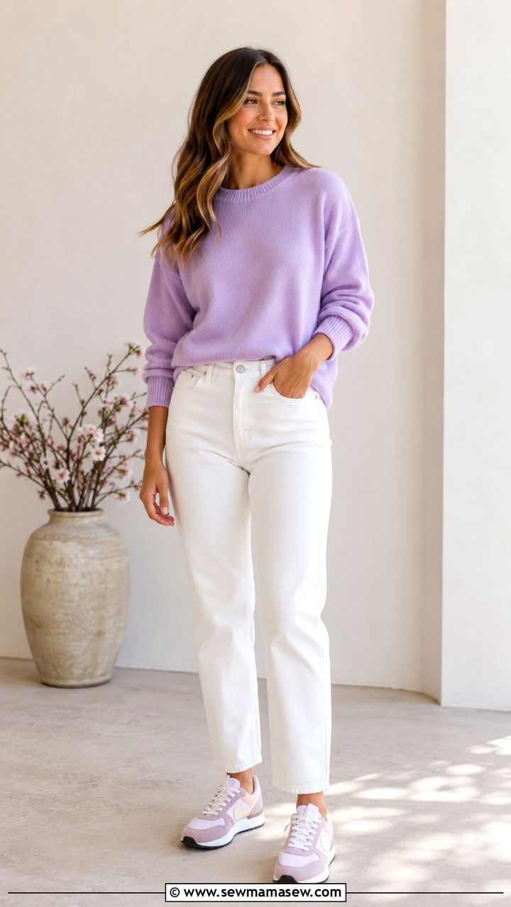 Pastel sneakers with white jeans - 30 spring sneaker outfit ideas