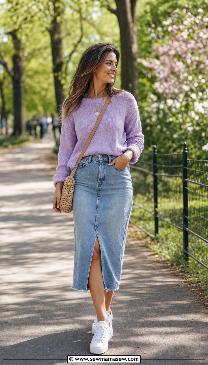 Pastel sweater and denim midi skirt outfit - 25 Cute spring outfit ideas 2026