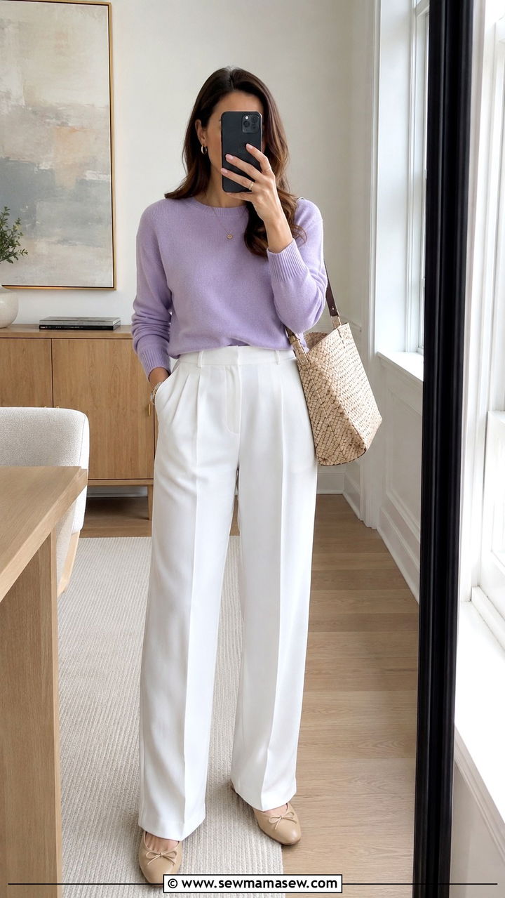 Pastel sweater and white trousers outfit - 30 transitional work outfit ideas