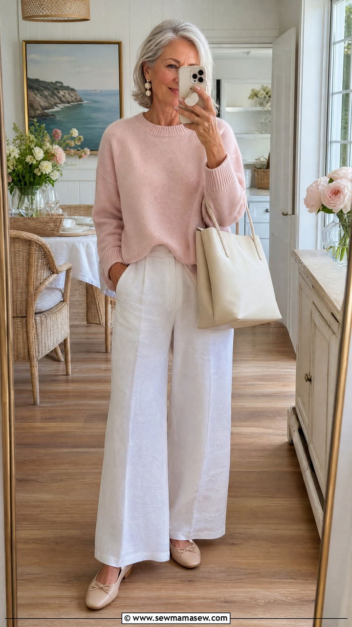 Pastel sweater and white wide leg pants outfit - 30 Coastal grandmother outfits for women over 60