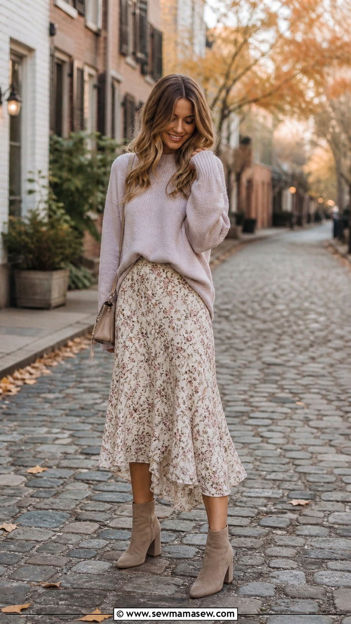 Pastel sweater over a floral slip dress with heeled booties - 40 What to wear in Charleston