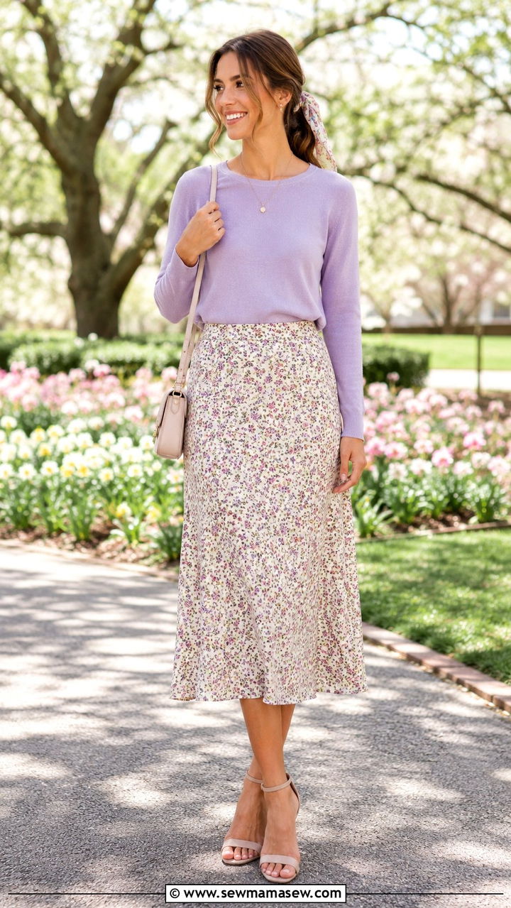 Pastel sweater with a floral midi skirt - 30 Spring cottage outfits