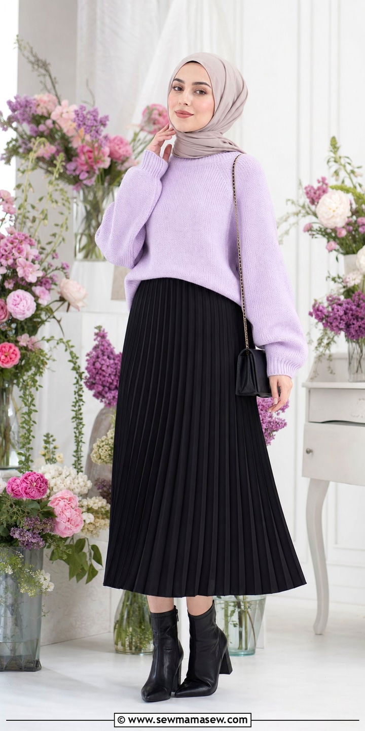 Pastel sweater with black pleated skirt and ankle boots - 25 classy outfits for hijab women