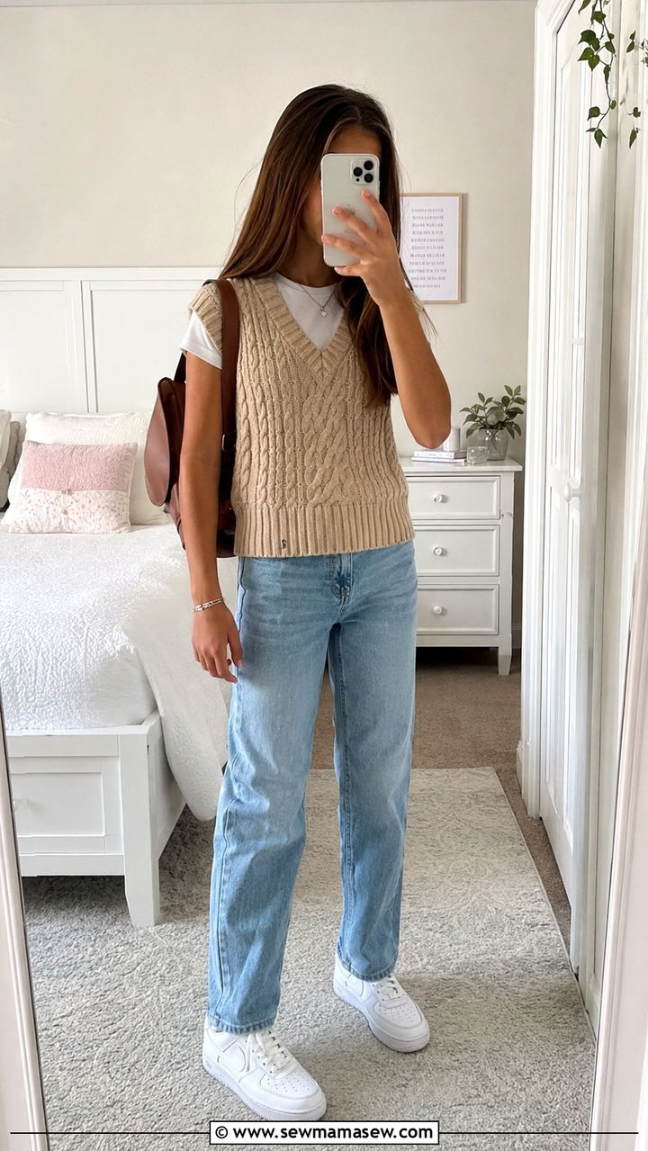 Pastel tee with knee length denim skirt and sneakers - 30 Spring outfits for tweens