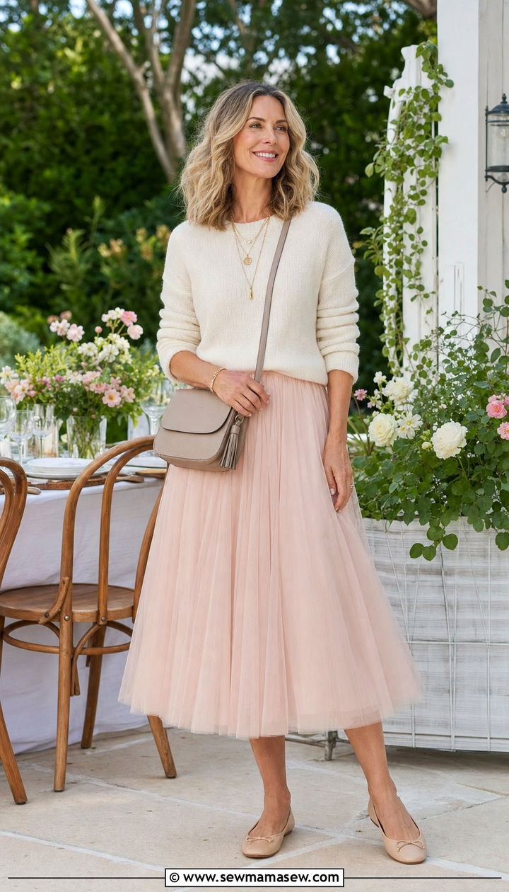 Pastel tulle midi skirt with cashmere sweater outfit - 25 fairycore outfit ideas for women over 40