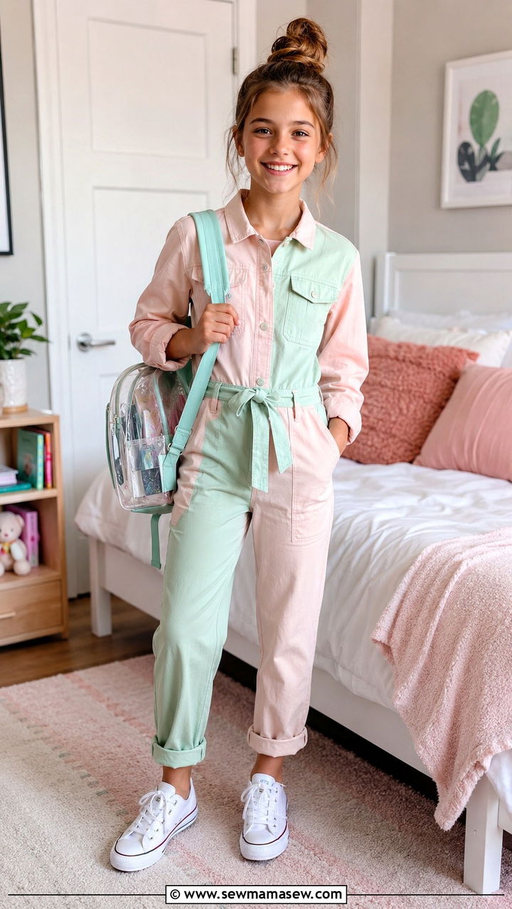 Pastel utility jumpsuit with white sneakers - 30 Spring outfits for tweens