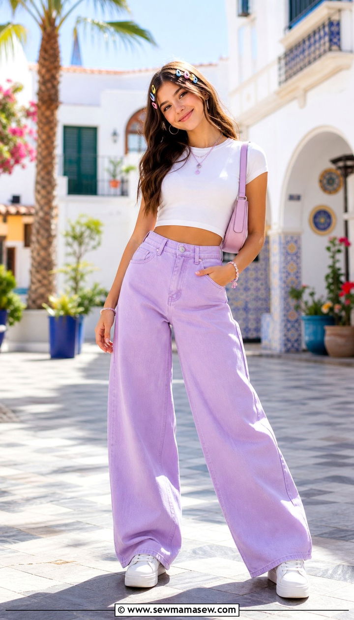 Pastel wide leg jeans with white crop top - 25 Cute summer outfits for teens