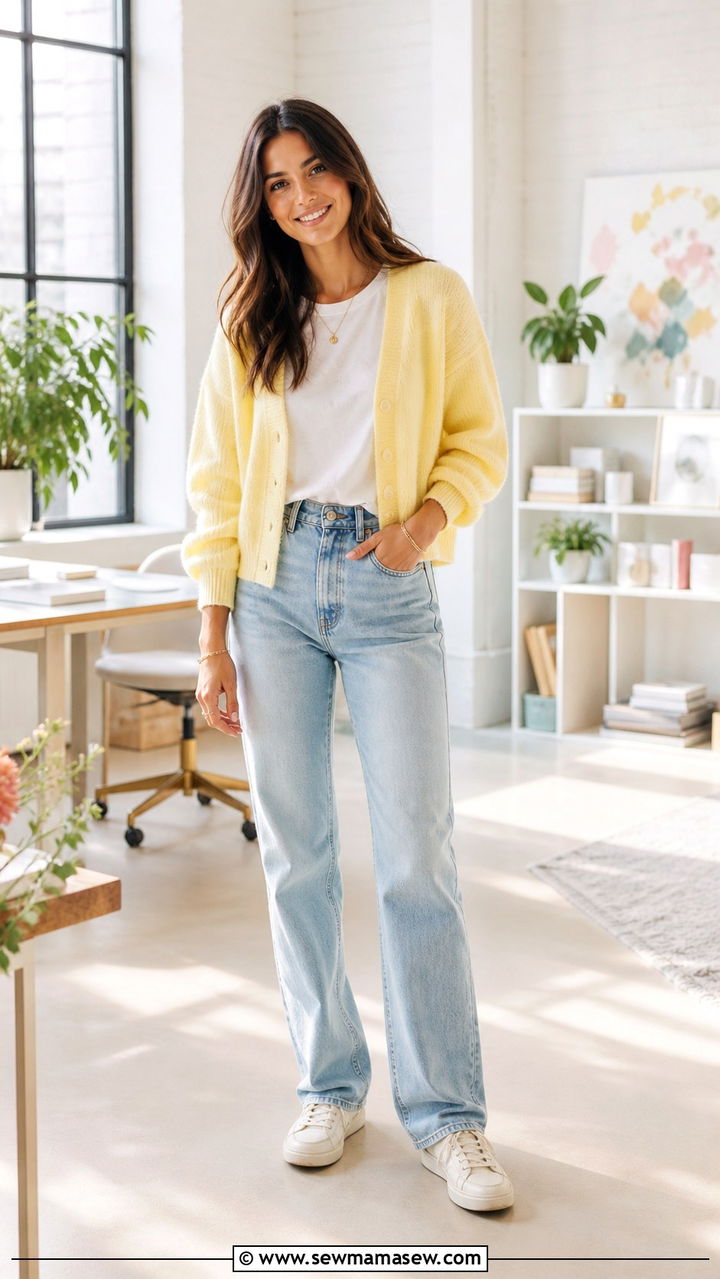 Pastel yellow cardigan with white tee and light wash jeans outfit - 40 New job outfit ideas