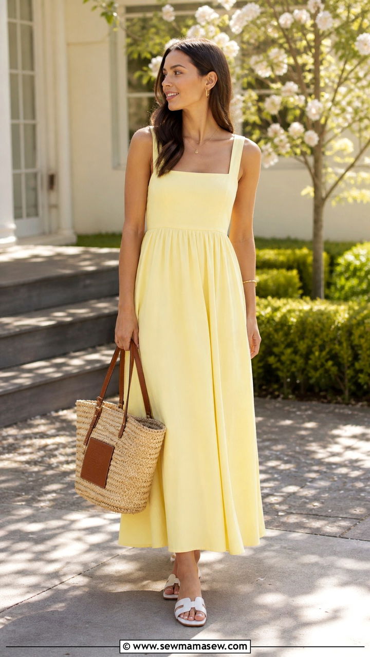 Pastel yellow maxi dress with white sandals - 40 classy teacher outfits