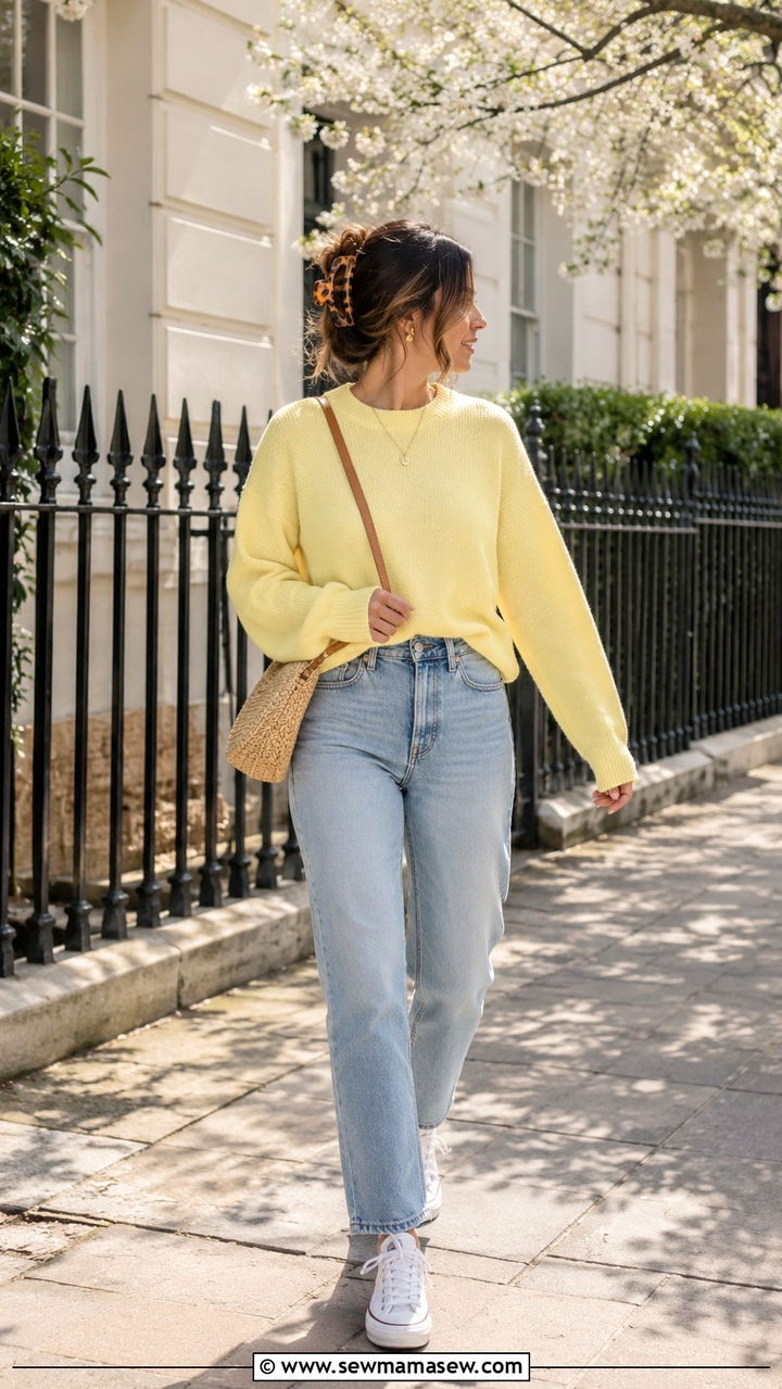 Pastel yellow sweater with light wash straight leg jeans - 30 Spring outfits with light sweaters