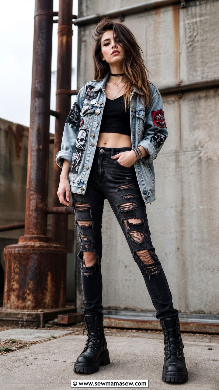 Patched Denim Jacket Crop Top Distressed Jeans - 40 Grunge outfit ideas