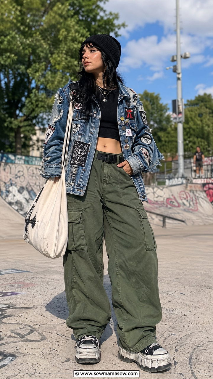 Patched Denim Jacket and Cargo Pants Outfit - 35 Edgy outfit ideas