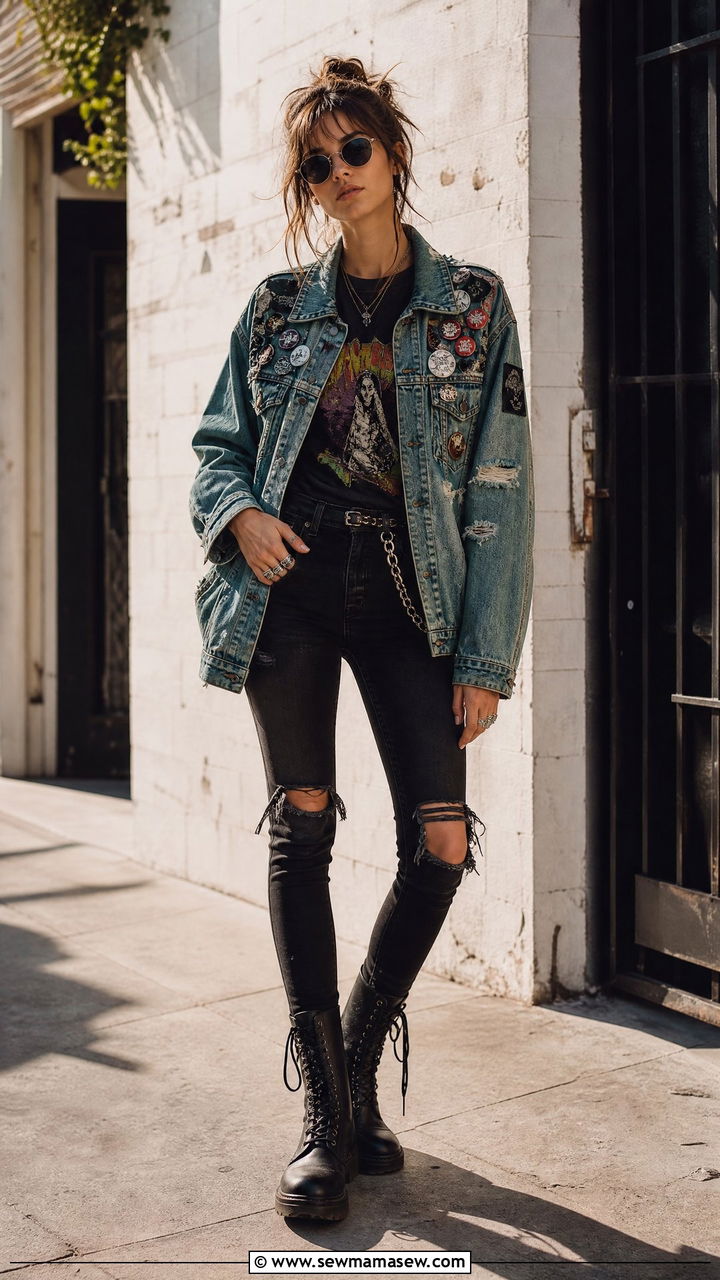 Patched Denim Jacket with Band Tee and Ripped Jeans - 30 summer grunge outfits