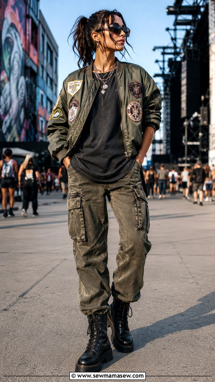 Patched bomber jacket with cargo jeans - 30 Bomber jacket outfit ideas with jeans